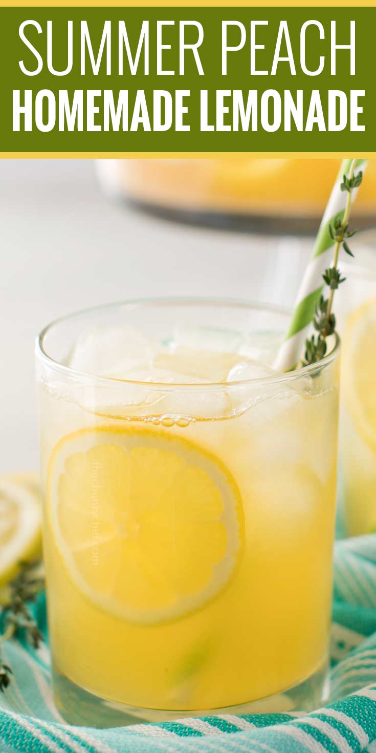 Sweet summer peach lemonade, made with just a few simple ingredients!  Perfect on a hot Spring or Summer day, it's the ultimate thirst-quencher! | #lemonade #lemonaderecipe #peach #summerdrink #homemadedrink