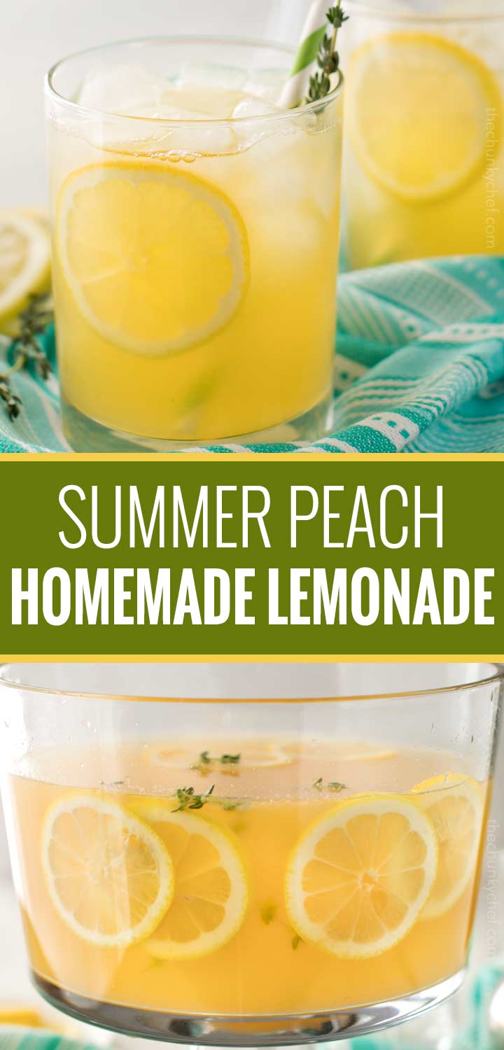 Sweet summer peach lemonade, made with just a few simple ingredients!  Perfect on a hot Spring or Summer day, it's the ultimate thirst-quencher! | #lemonade #lemonaderecipe #peach #summerdrink #homemadedrink