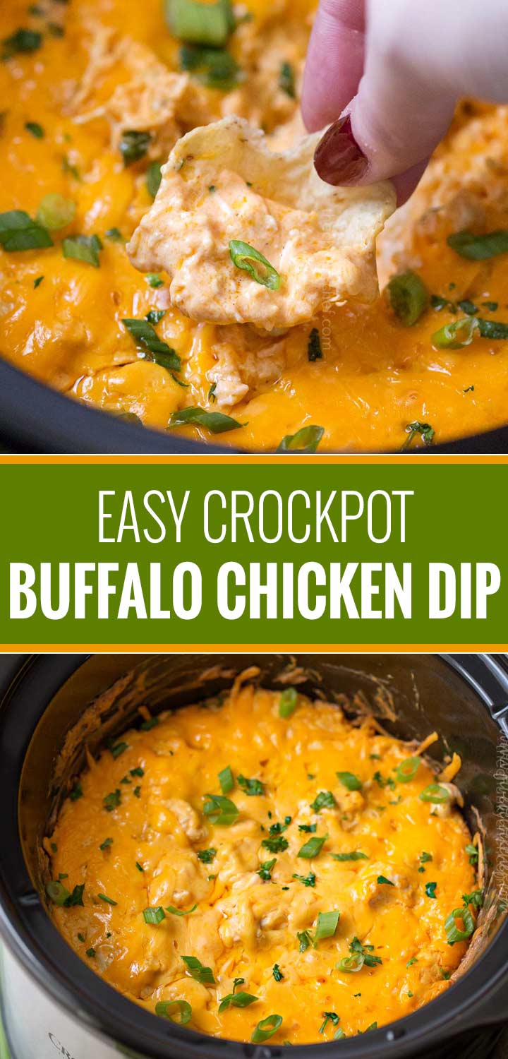 Classic buffalo wing flavors in an easy dip made in the crockpot. Perfect for a party, serve it up with chips or celery sticks and watch everyone go back for seconds! | The Chunky Chef | #diprecipe #buffalochicken #slowcookerdip #crockpotdip #partyfood #buffalochickendip