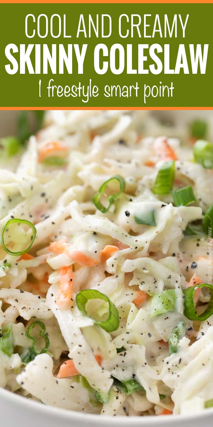 Tangy and sweet with plenty of crunch, this creamy coleslaw is lightened up to just 1 smart point per serving, and is the perfect side dish for your BBQ or potluck! | #coleslaw #potluck #cookout #summerbbq #skinnyrecipe #weightwatchers #freestyle #smartpoints