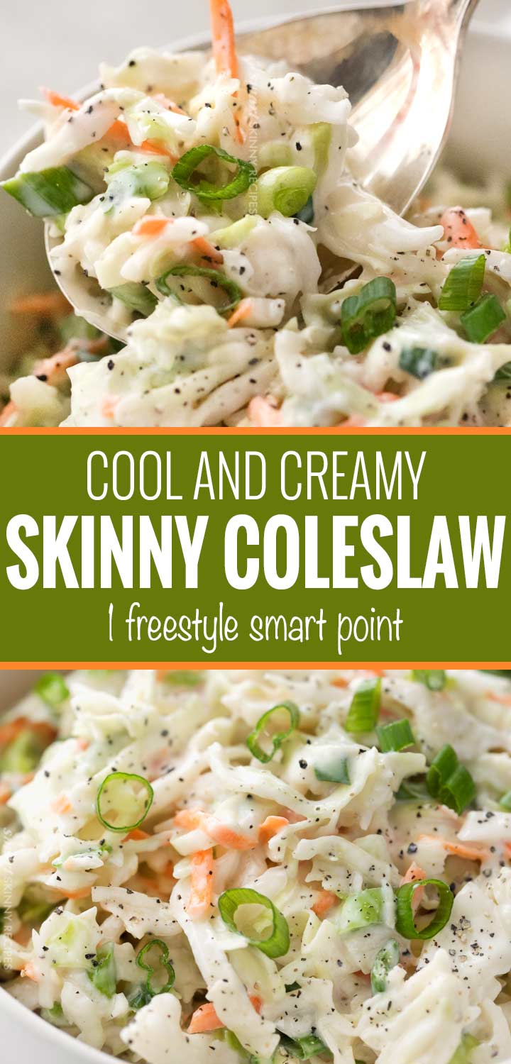 Tangy and sweet with plenty of crunch, this creamy coleslaw is lightened up to just 1 smart point per serving, and is the perfect side dish for your BBQ or potluck! | #coleslaw #potluck #cookout #summerbbq #skinnyrecipe #weightwatchers #freestyle #smartpoints