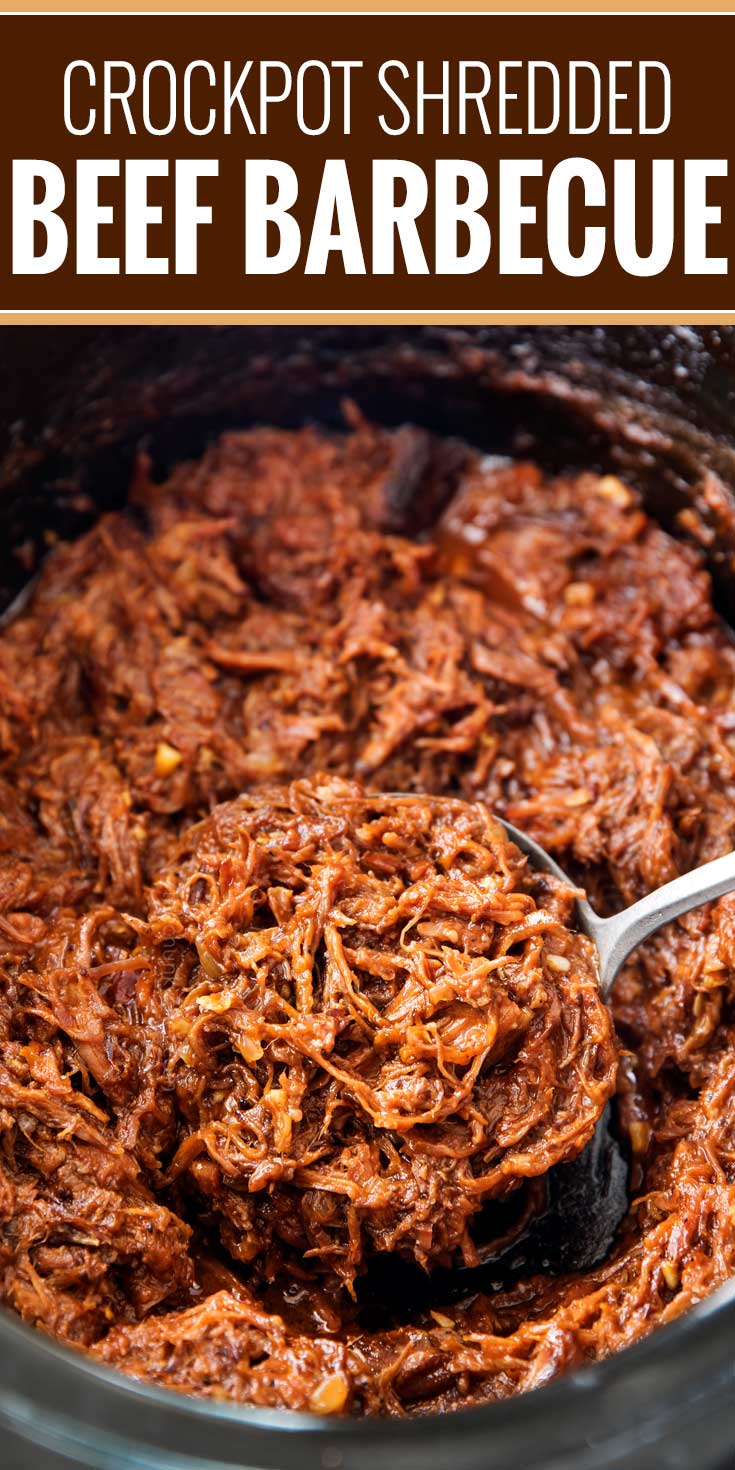 Perfect for a summer cookout or potluck, this shredded beef barbecue recipe is made easily in the crockpot! With a quick and easy homemade barbecue sauce that's sweet and tangy, this beef bbq is truly the best! | #bbq #barbecue #beef #potluck #summer #crockpot #slowcooker