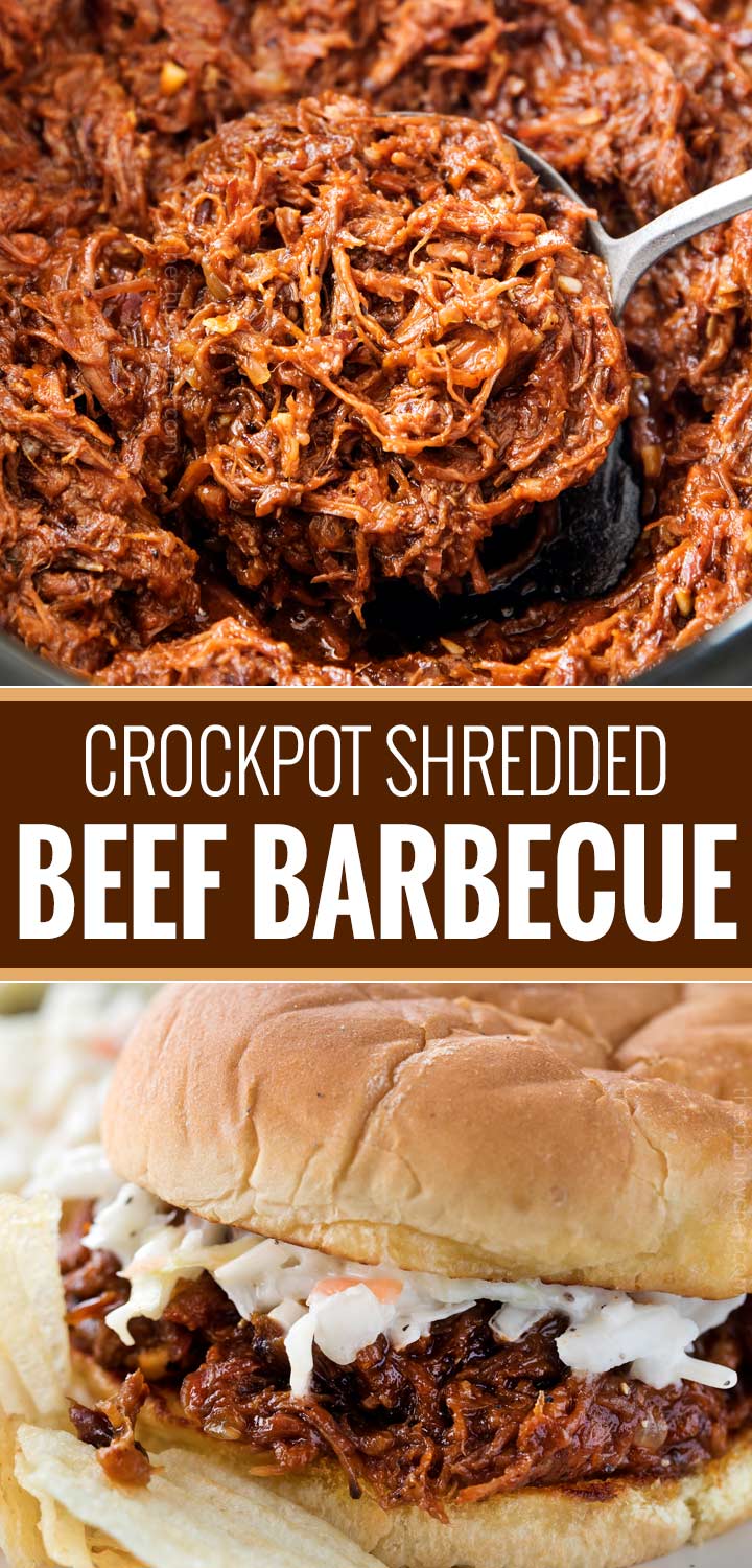 Perfect for a summer cookout or potluck, this shredded beef barbecue recipe is made easily in the crockpot! With a quick and easy homemade barbecue sauce that's sweet and tangy, this beef bbq is truly the best! | #bbq #barbecue #beef #potluck #summer #crockpot #slowcooker