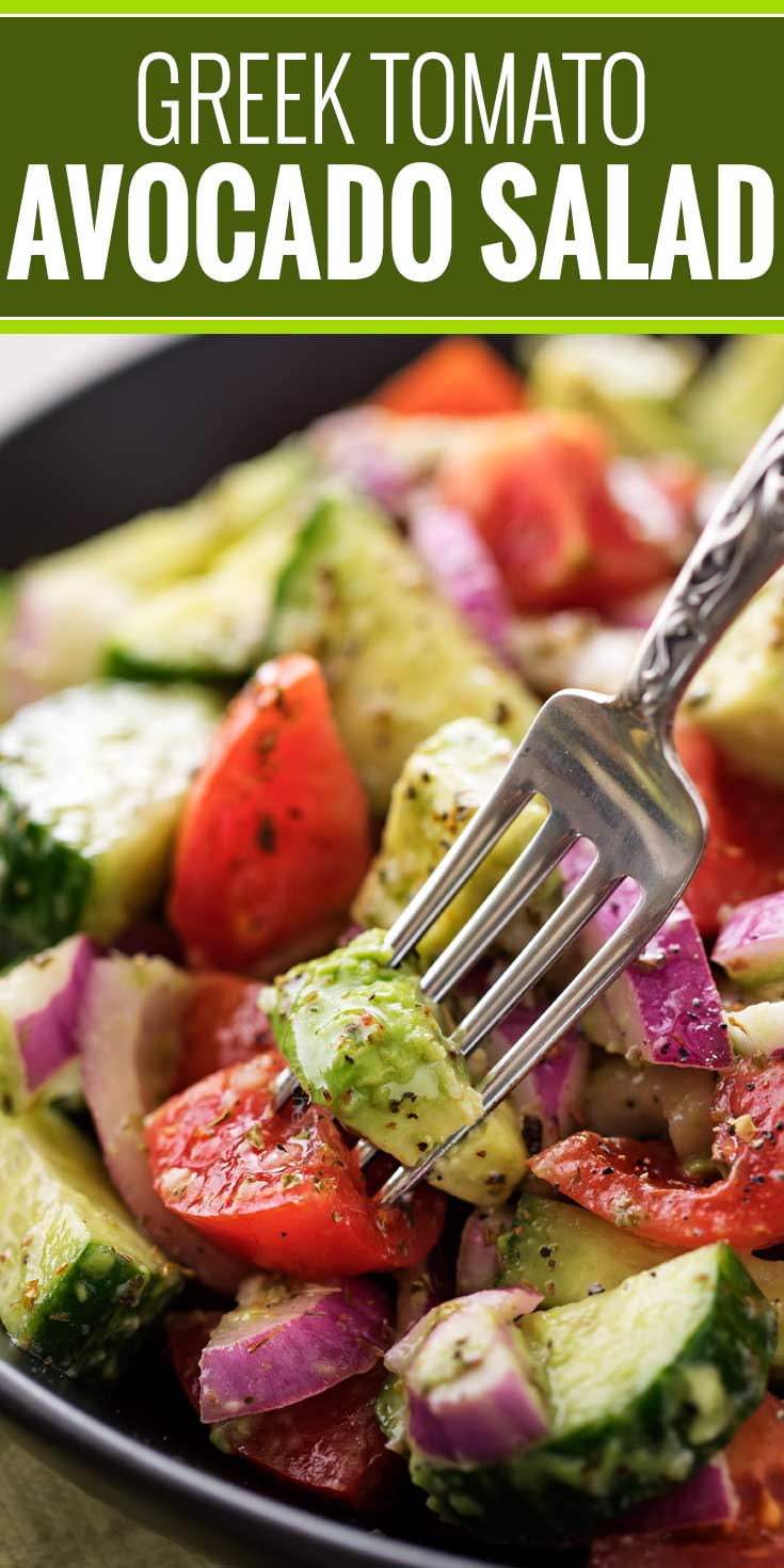 This summery tomato avocado salad is full of buttery avocados, juicy tomatoes and crisp red onions, and tossed in a mouthwatering homemade Greek-inspired dressing! | #avocado #greek #salad #avocadosalad #tomatosalad #potluck