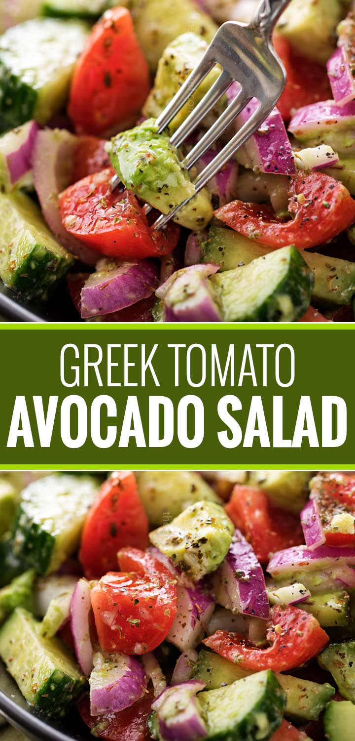 This summery tomato avocado salad is full of buttery avocados, juicy tomatoes and crisp red onions, and tossed in a mouthwatering homemade Greek-inspired dressing! | #avocado #greek #salad #avocadosalad #tomatosalad #potluck