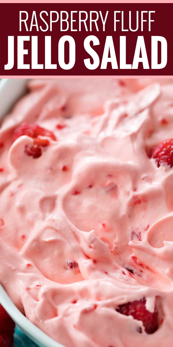 This make-ahead raspberry fluff jello salad dessert is made by using just a few ingredients and is perfect for potlucks and summer bbq's! | #jellosalad #dessertrecipe #fluff #raspberry #potluck