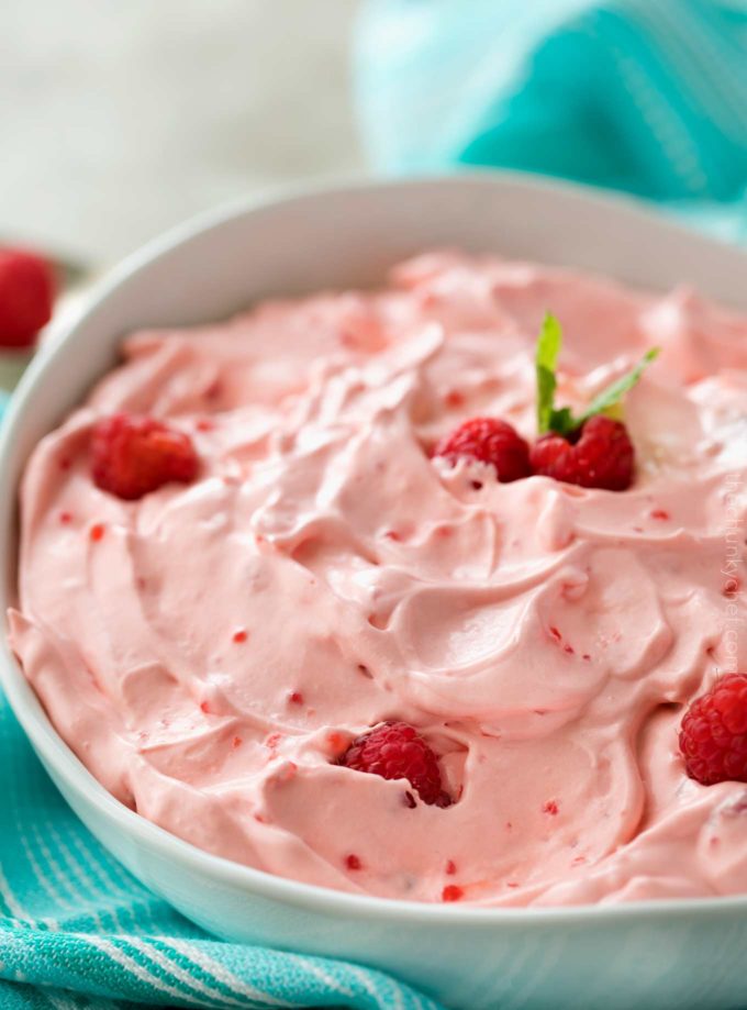 Serving bowl of raspberry fluff jello salad