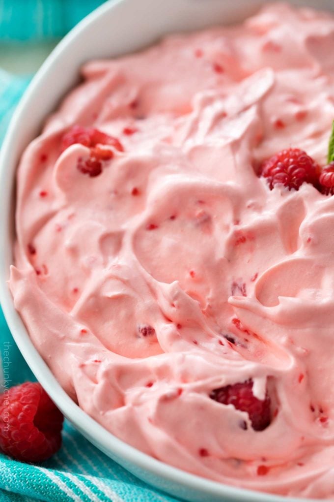 This make-ahead raspberry fluff jello salad dessert is made by using just a few ingredients and is perfect for potlucks and summer bbq's! 