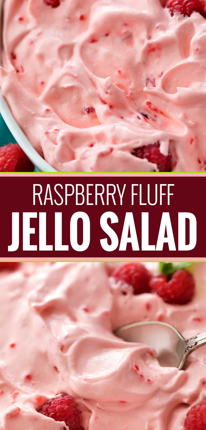 This make-ahead raspberry fluff jello salad dessert is made by using just a few ingredients and is perfect for potlucks and summer bbq's! | #jellosalad #dessertrecipe #fluff #raspberry #potluck