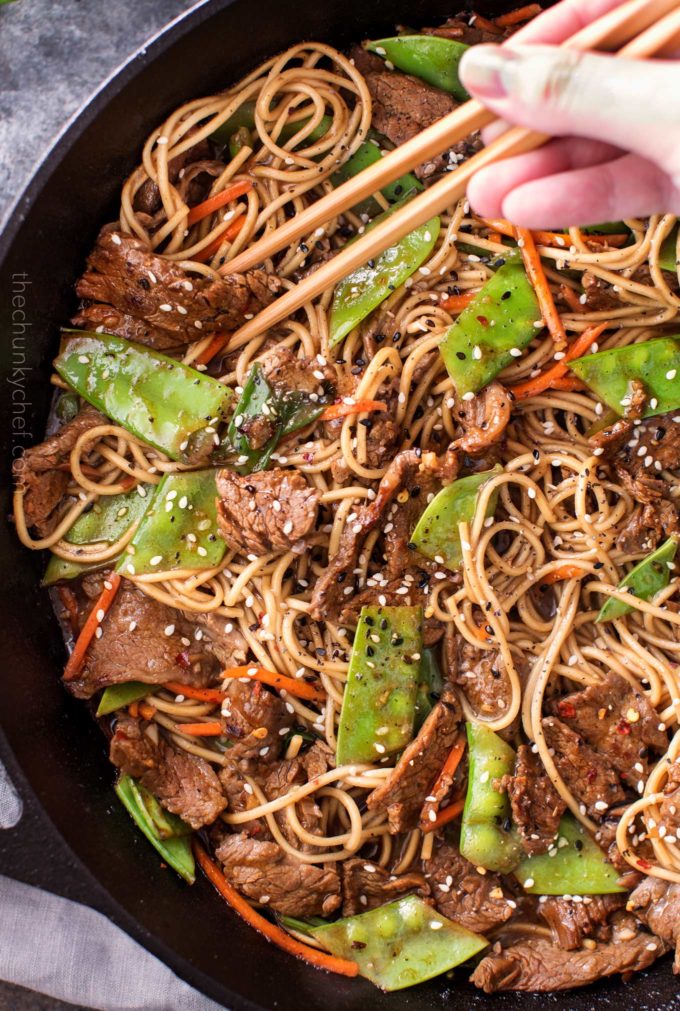 Stir fry recipe with beef, vegetables in skillet with chopsticks