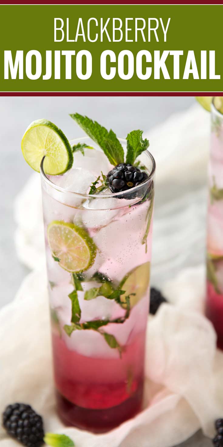 A fun summer twist on the classic mojito, this blackberry mojito is made with an easy homemade blackberry simple syrup, mint, lime, rum and club soda! | #mojito #blackberry #blackberrymojito #cocktail #summer #summerdrink