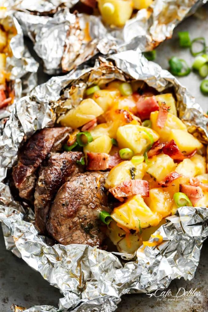 Garlic Steak and Cheesy Bacon Potatoes Foil Packs