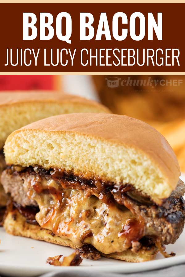 This classic Juicy Lucy burger is a well known Midwestern recipe.  Definitely not your average cheeseburger, this burger recipe is stuffed with caramelized onions and cheddar cheese!  Our favorite version also includes crispy bacon and smoky bbq sauce! #burger #cheeseburger #juicylucy #cheddar #baconcheeseburger #stuffed #summerbbq