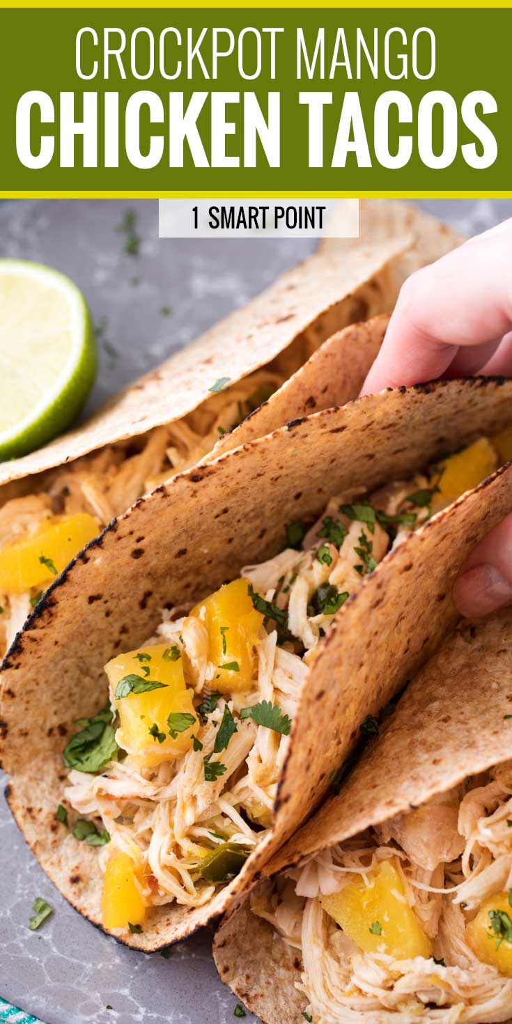 Tender, juicy, sweet and spicy crockpot chicken tacos, perfect for taco night!  Just 1 freestyle smart point per serving means you can have tacos without the guilt! | #chickentacos #tacotuesday #crockpot #slowcooker #weightwatchers