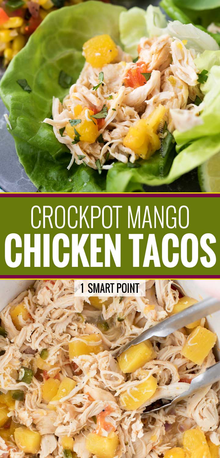 Tender, juicy, sweet and spicy crockpot chicken tacos, perfect for taco night!  Just 1 freestyle smart point per serving means you can have tacos without the guilt! | #chickentacos #tacotuesday #crockpot #slowcooker #weightwatchers