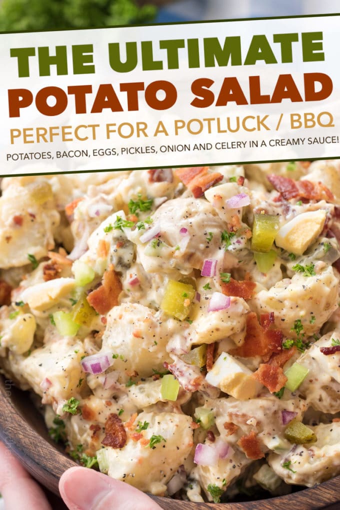 This Potato Salad is my FAVORITE summertime recipe!  Added tips on how to get the perfect potato texture, prevent a "wet" potato salad, and how to add extra zing that will make everyone want the recipe! #potatosalad #potatoes #salad #potluckrecipe #summer #salad #sidedish #picnic