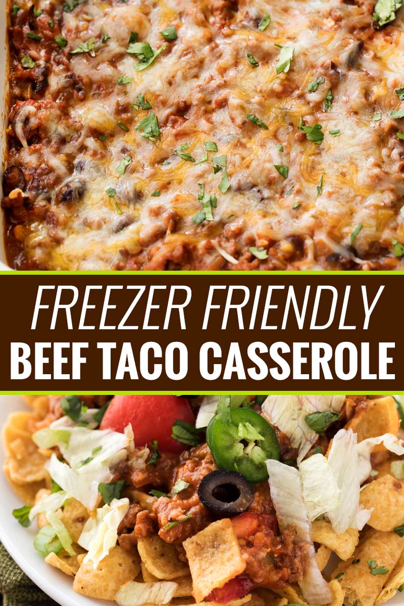 This beef and bean taco casserole is incredibly easy, made from scratch, freezer-friendly, and a huge hit families!  All the flavors of taco night that you love, in a comforting casserole to feed a crowd. #taco #tacocasserole #mexican #freezermeal #casserole #makeahead #tacotuesday