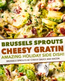 Crisp tender brussels sprouts baked in a rich and creamy cheese sauce, and topped with crispy bacon. This is the perfect holiday side dish recipe! #brusselssprouts #brussels #sidedish #easyrecipe #baked #gratin #cheesy #bacon #holiday #lowcarb #keto