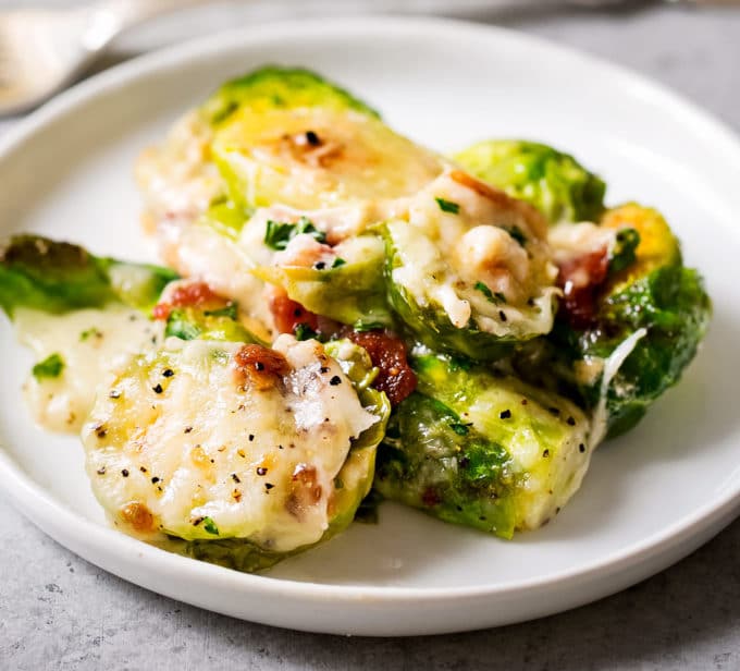 Brussels sprouts bake on white plate