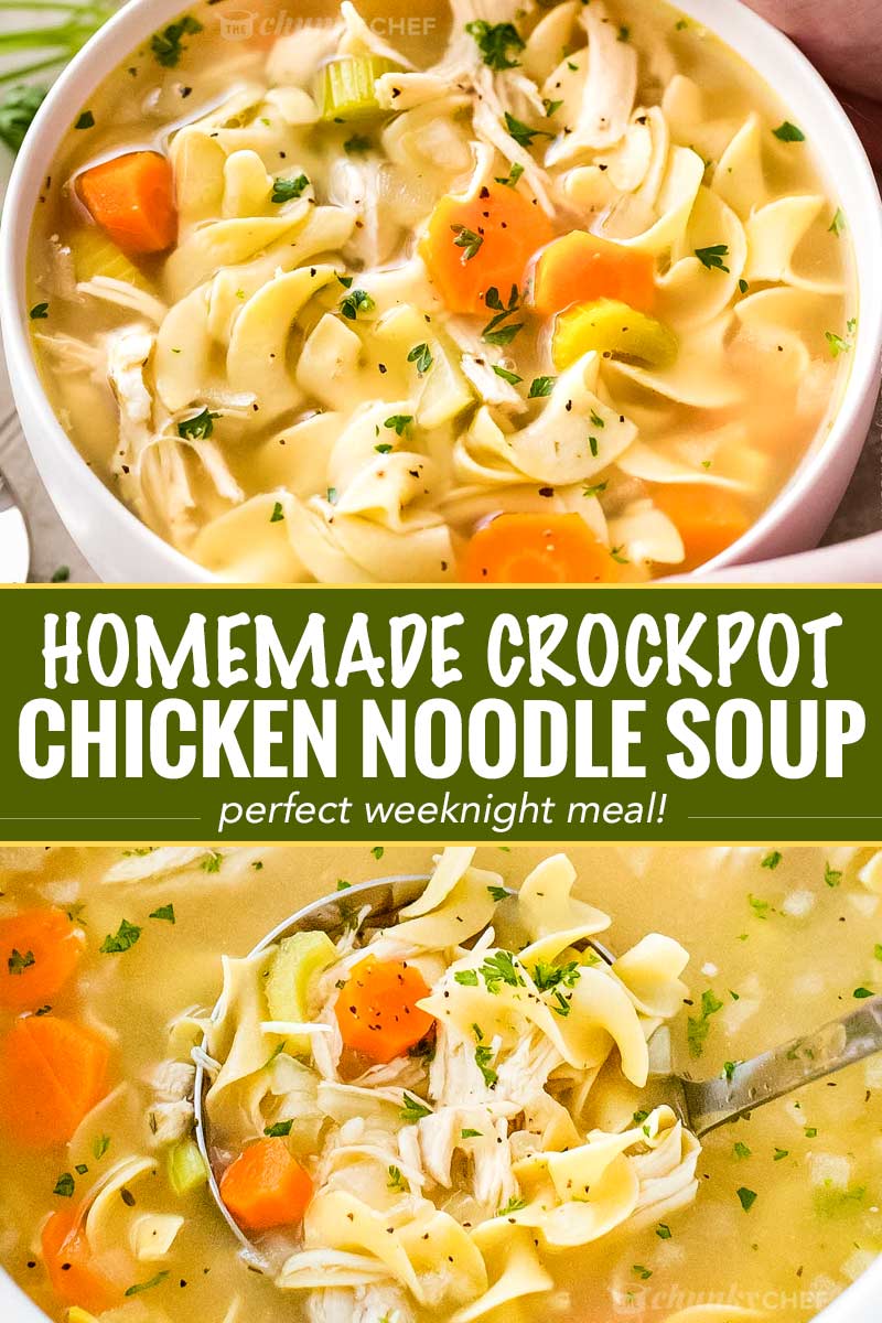 Guaranteed to warm you from the inside out, this homemade chicken noodle soup is made in the crockpot for an ultra-easy home-cooked meal that will feed your soul! #chickennoodlesoup #crockpotrecipe #slowcookermeal #chickennoodle #souprecipe #chickensoup