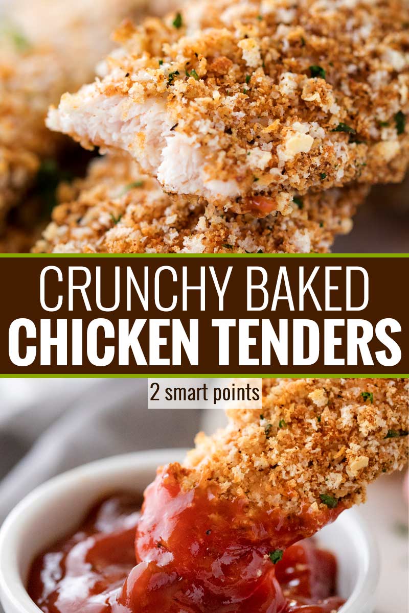 Irresistibly crunchy on the outside and juicy on the inside, these baked chicken tenders are just 2 weight watchers smart points! | #weightwatchers #freestyle #smartpoints #chickentenders #baked