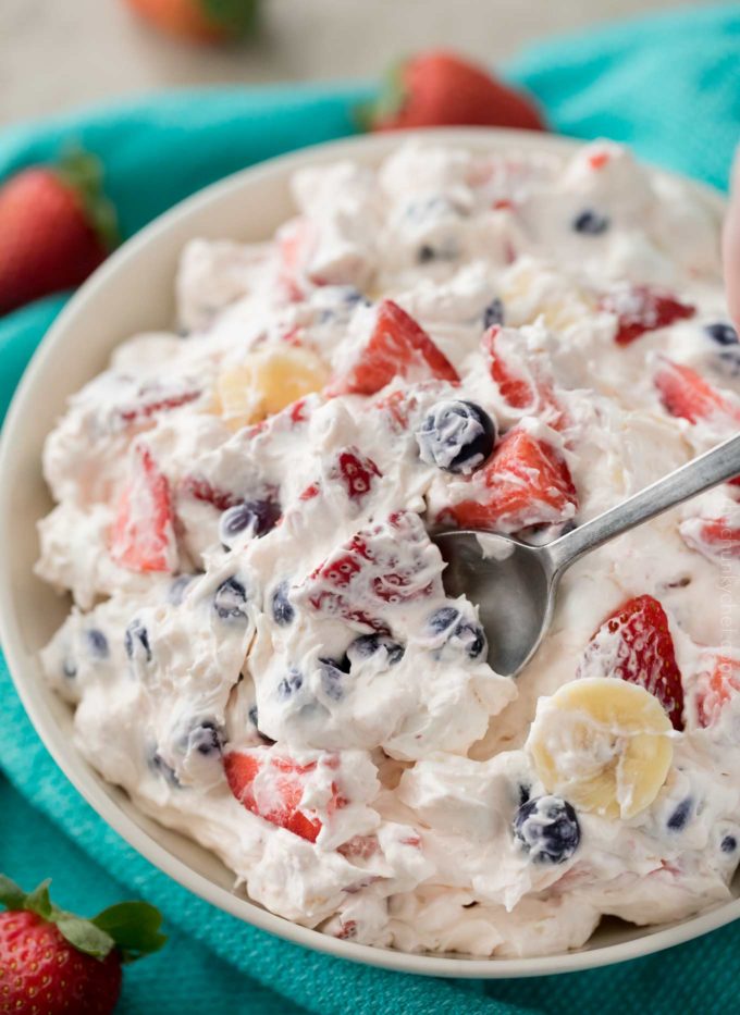 No bake cheesecake fruit salad with strawberries and blueberries
