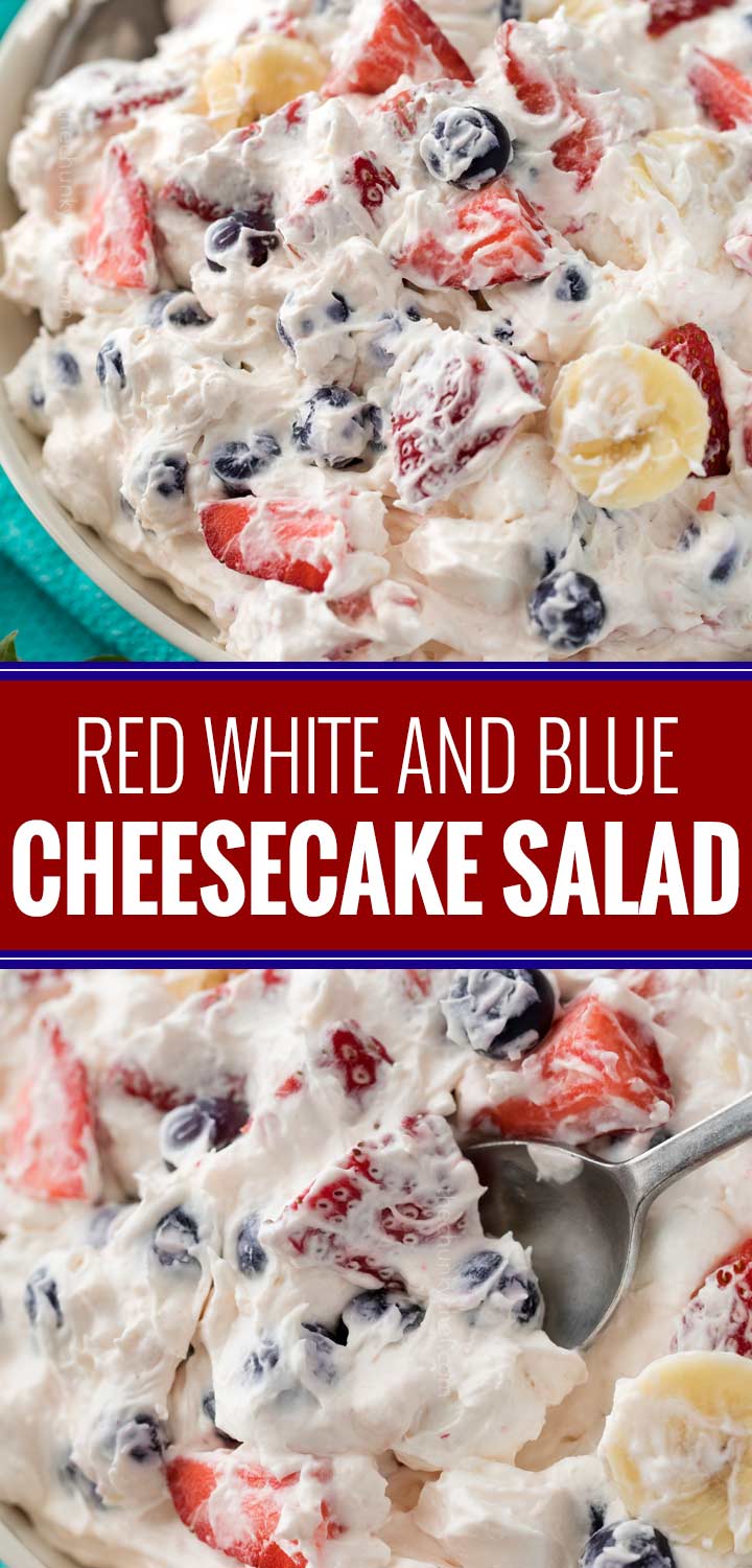 This simple 5 ingredient cheesecake salad is loaded with fresh berries, bananas, and a creamy no bake cheesecake filling! #cheesecakesalad #redwhiteandblue #4thofjuly #summerfood #fruitsalad #nobakedessert #dessertrecipe