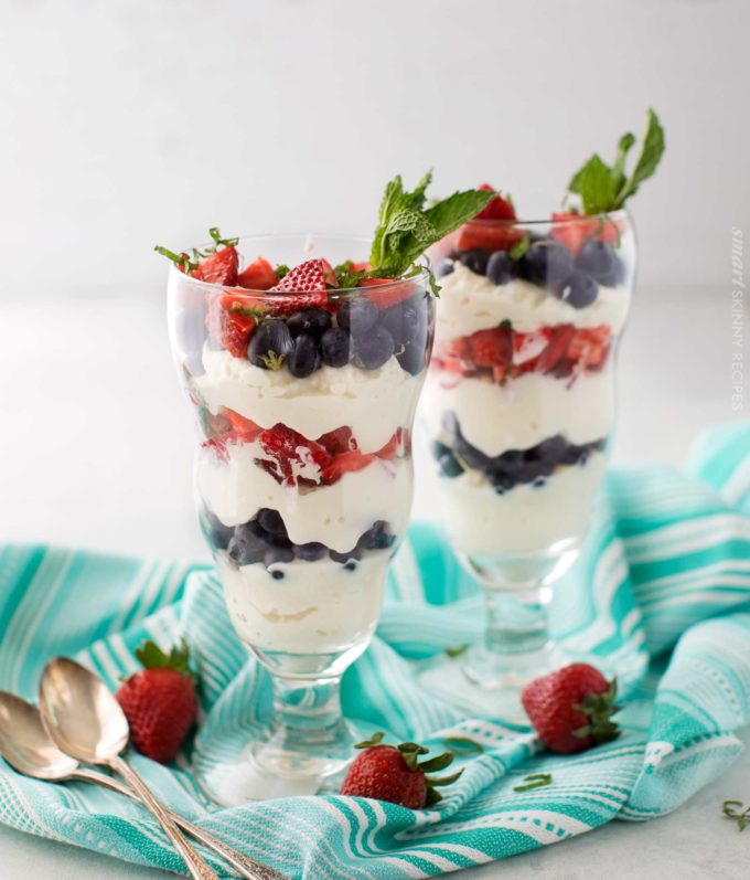 Mixed berry parfait dessert in clear glasses