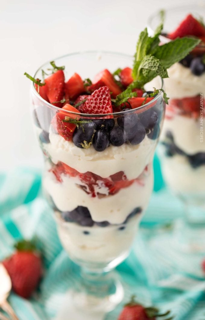 Berry parfait recipe in glass with mint