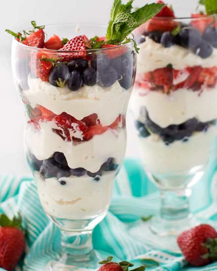 Perfect for Memorial or Independence Day, these berry ricotta parfaits are easy to make, and lightened up so you don't feel guilty about having dessert! | #healthydessert #parfait #berry #weightwatchers #smartpoints