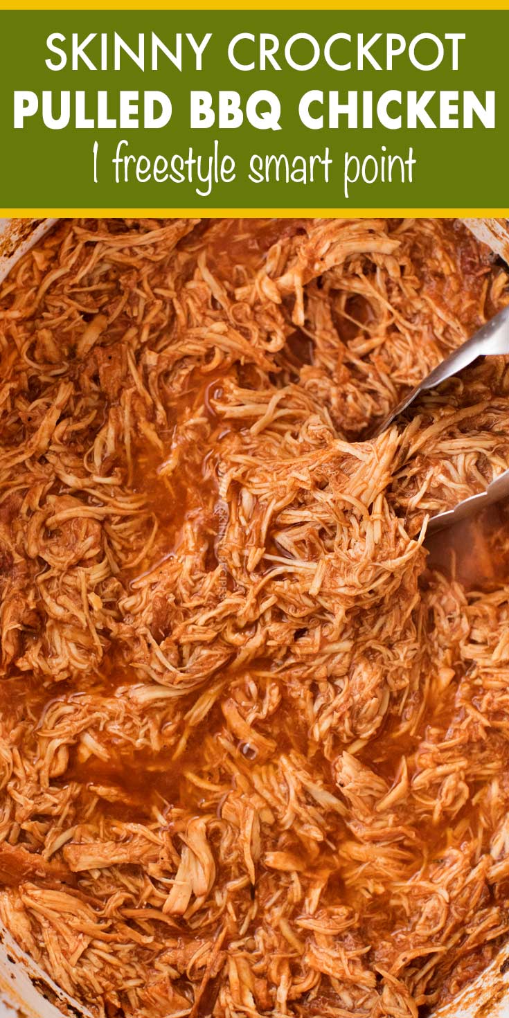 Incredible pulled BBQ chicken made easy in the crockpot... made from scratch with no bottled bbq sauce!  Perfect for a summer bbq or picnic! | #bbqchicken #pulledchicken #crockpotchicken #weightwatchers #freestyle #smartpoints