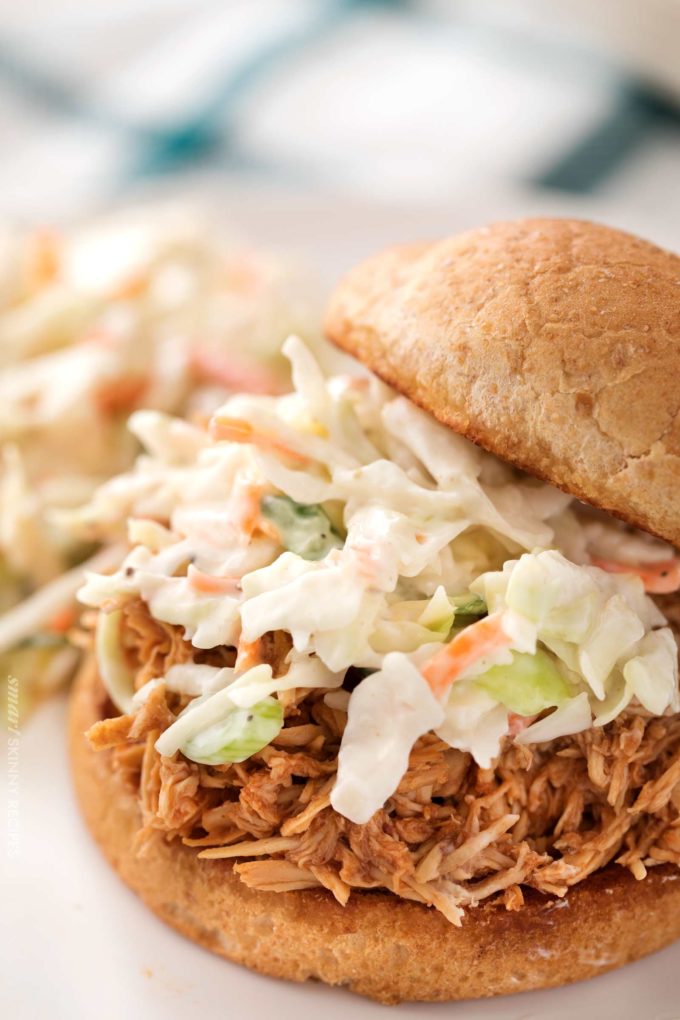 Bbq shredded chicken on bun with coleslaw