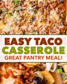 All the flavors of taco night that you love, in a comforting casserole to feed a crowd! Made using almost all pantry staple ingredients, it’s a perfect meal to make when you can’t get to the grocery! #taco #tacocasserole #mexican #freezermeal #casserole #makeahead #tacotuesday
