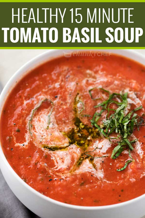 This tomato basil soup takes only 15 minutes to make, yet is positively bursting with flavors you'd expect from a soup that's been simmering all day! #tomatosoup #tomatobasil #healthyeating #15minmeal #weightwatchers #smartpoints