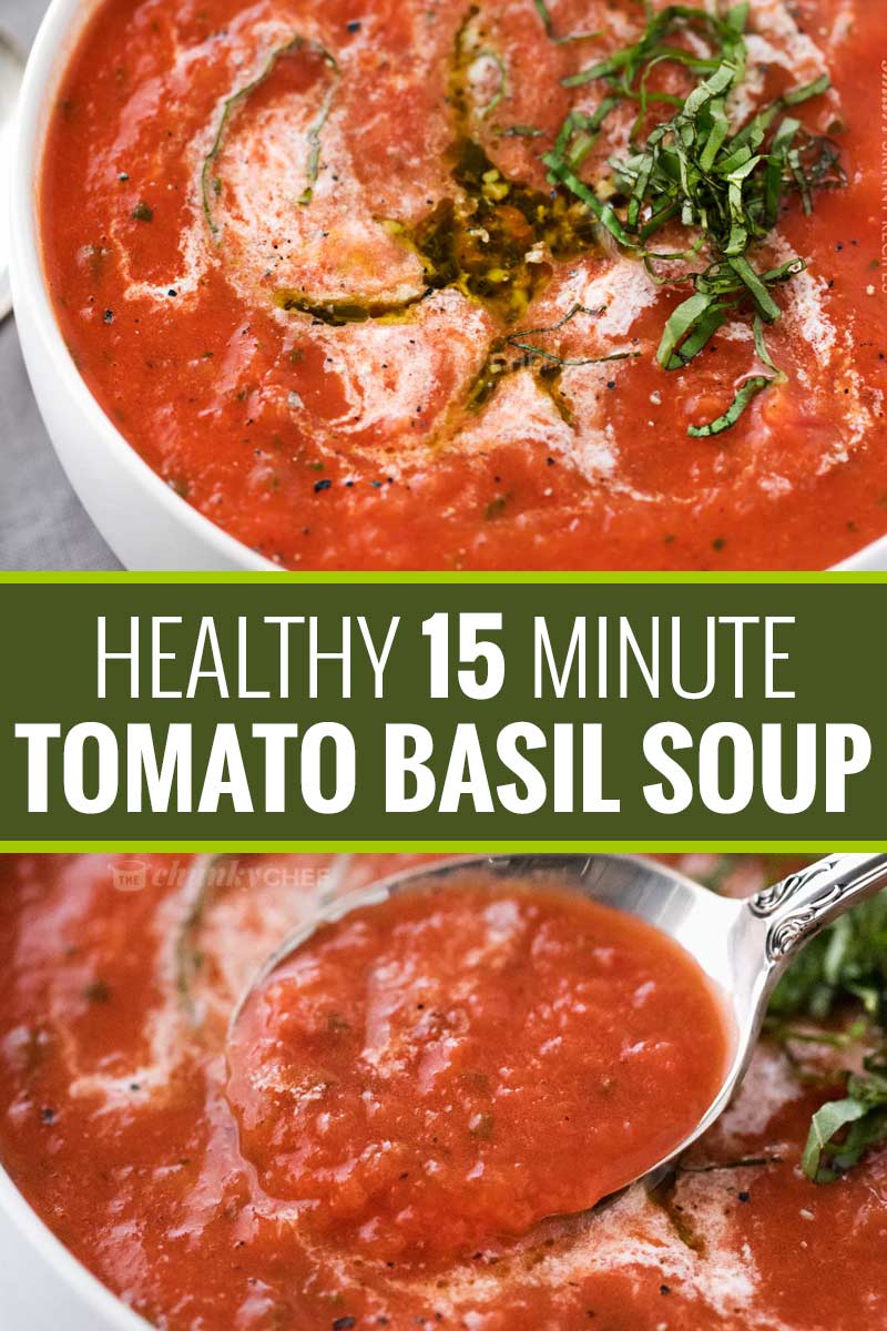 This tomato basil soup takes only 15 minutes to make, yet is positively bursting with flavors you'd expect from a soup that's been simmering all day! #tomatosoup #tomatobasil #healthyeating #15minmeal #weightwatchers #smartpoints