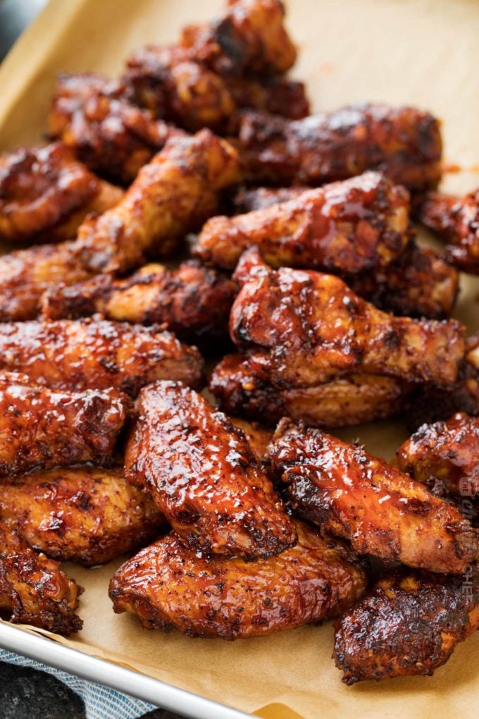 Smoked chicken wings coated with bbq sauce