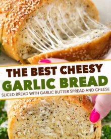 The easiest cheesy garlic bread ever! Frozen bread doesn’t stand a chance against this buttery, gooey and toasty bread! #garlicbread #garlic #bread #easyrecipe #homemade #cheesy #cheesybread #italian