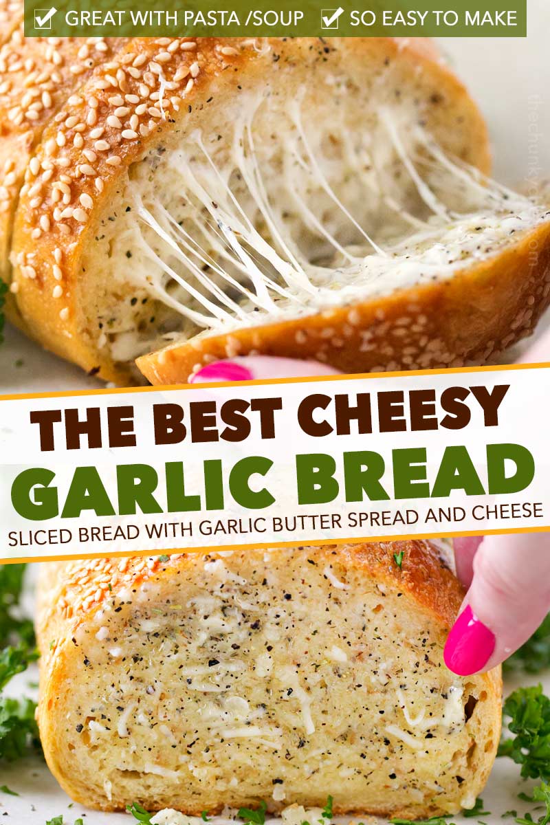 The easiest cheesy garlic bread ever! Frozen bread doesn’t stand a chance against this buttery, gooey and toasty bread! #garlicbread #garlic #bread #easyrecipe #homemade #cheesy #cheesybread #italian
