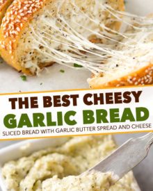 The easiest cheesy garlic bread ever! Frozen bread doesn’t stand a chance against this buttery, gooey and toasty bread! #garlicbread #garlic #bread #easyrecipe #homemade #cheesy #cheesybread #italian