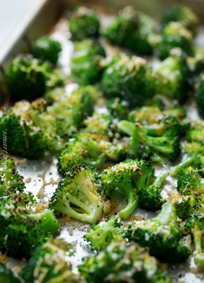 Broccoli roasted on baking sheet