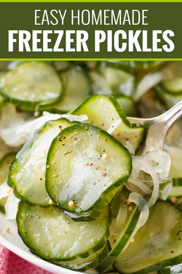 Sweet and tangy with PLENTY of crunch, these freezer pickles perfect year-round!  No complicated canning steps or equipment needed! #pickles #homemade #freezerpickles #cucumbers #farmersmarket #gardenfresh #howto