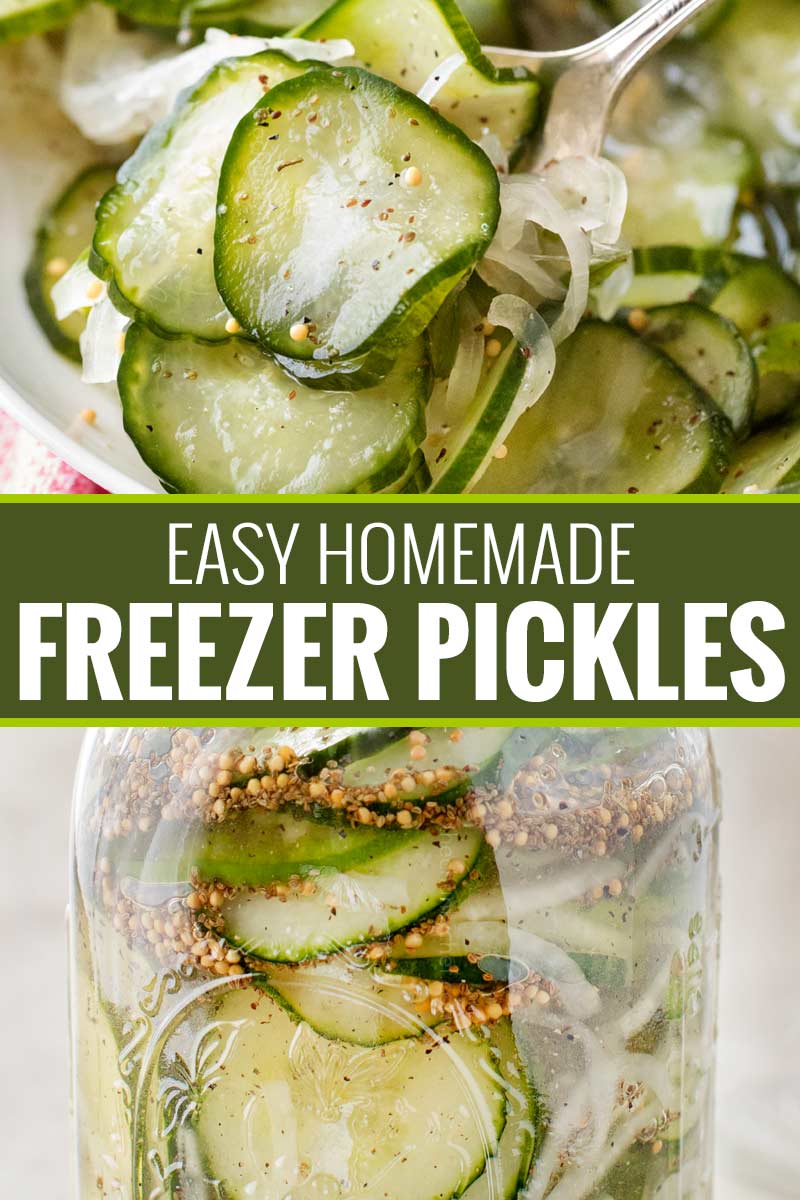 Sweet and tangy with PLENTY of crunch, these freezer pickles perfect year-round!  No complicated canning steps or equipment needed! #pickles #homemade #freezerpickles #cucumbers #farmersmarket #gardenfresh #howto