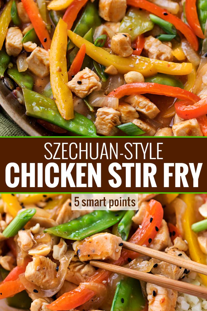 This Szechuan-style Chicken Stir Fry is the quickest and easiest weeknight meal!  Bold flavors, nutritious ingredients, and ready in just 20 minutes! #chicken #stirfry #asianrecipe #weeknightmeal #easydinner #szechuan #smartpoints #weightwatchers