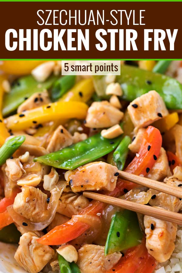 This Szechuan-style Chicken Stir Fry is the quickest and easiest weeknight meal!  Bold flavors, nutritious ingredients, and ready in just 20 minutes! #chicken #stirfry #asianrecipe #weeknightmeal #easydinner #szechuan #smartpoints #weightwatchers