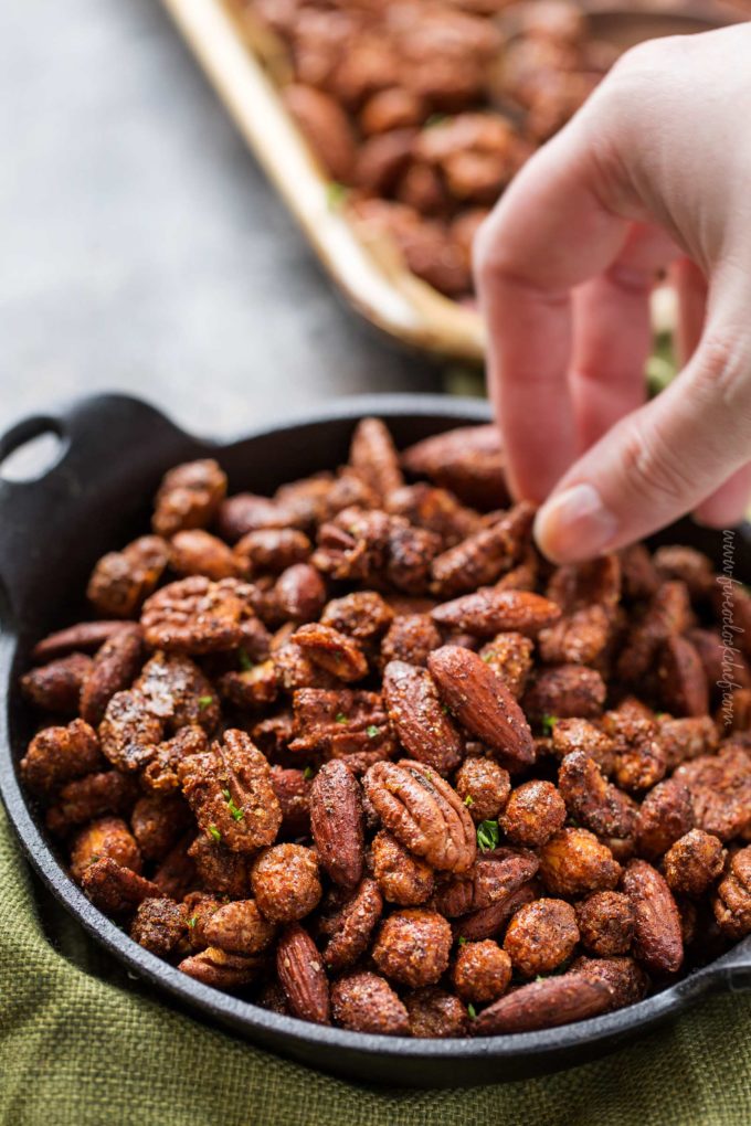 Spiced mixed nuts in serving dish