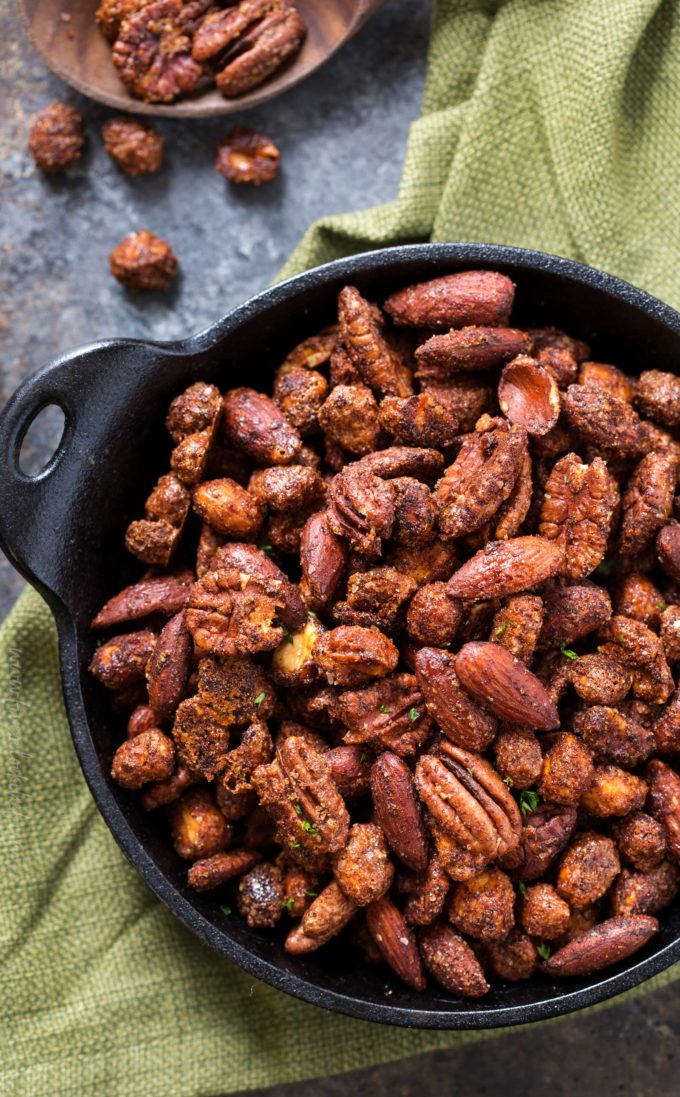 Looking down on a serving dish of barbecue roasted nuts