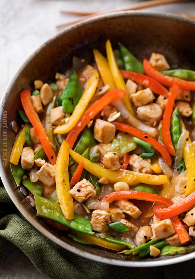 Skillet with chicken stir fry