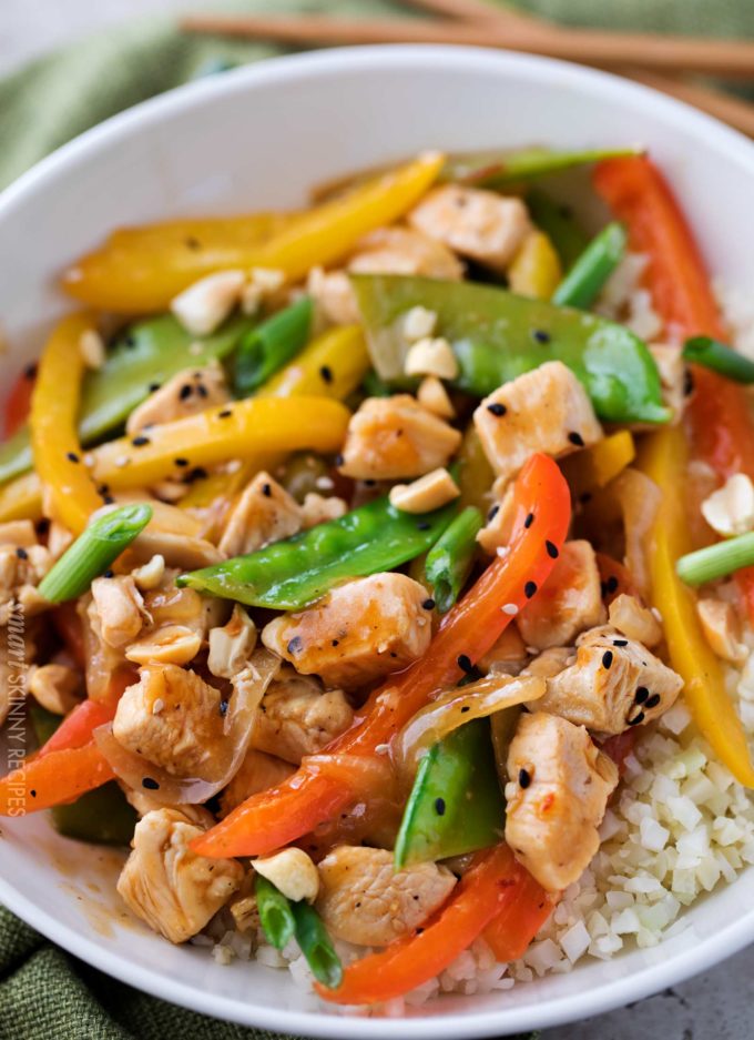 Szechuan chicken stir fry over cauliflower rice