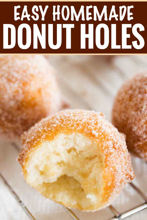 The tastiest homemade donut holes, ready in about 30 minutes, with no rolling or yeast to deal with.  Mix, fry, eat!  Breakfast is served! #breakfast #donut #doughnut #homemade #donutholes #easyrecipe