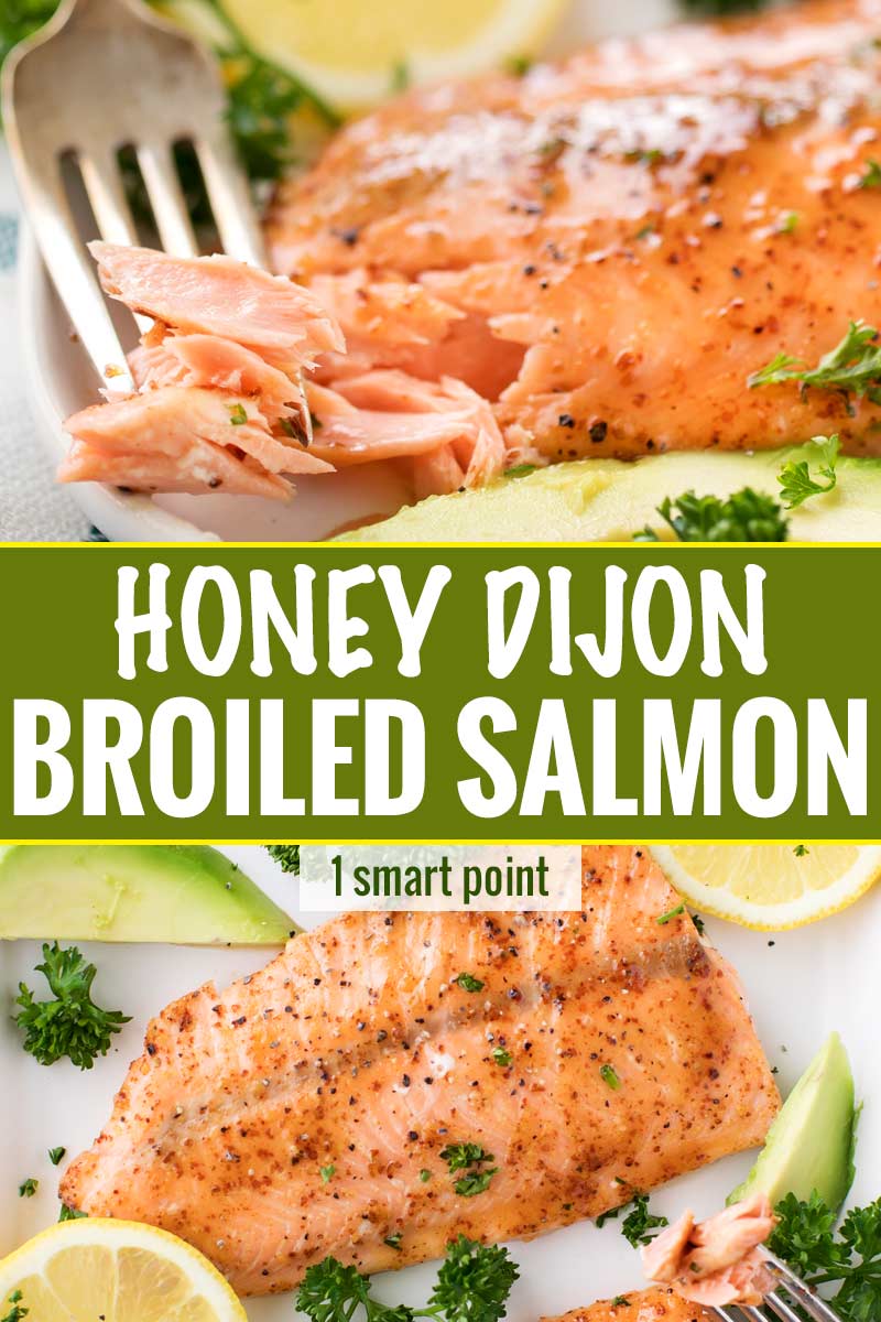Tender salmon filets, brushed with a 4 ingredient honey dijon glaze, then broiled until perfectly cooked in under 10 minutes! #salmon #weightwatchers #freestyle #smartpoints #honeydijon